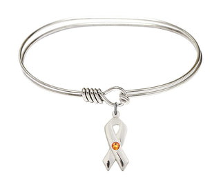 7 inch Oval Eye Hook Rhodium Bangle Bracelet with a Sterling Silver Cancer Awareness charm.