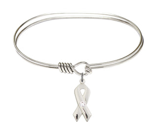 7 inch Oval Eye Hook Rhodium Bangle Bracelet with a Sterling Silver Cancer Awareness charm.