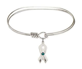 7 inch Oval Eye Hook Rhodium Bangle Bracelet with a Sterling Silver Cancer Awareness charm.