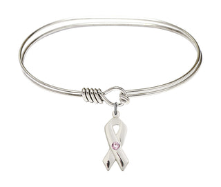 7 inch Oval Eye Hook Rhodium Bangle Bracelet with a Sterling Silver Cancer Awareness charm.
