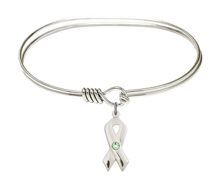 7 inch Oval Eye Hook Rhodium Bangle Bracelet with a Sterling Silver Cancer Awareness charm.