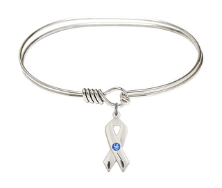 7 inch Oval Eye Hook Rhodium Bangle Bracelet with a Sterling Silver Cancer Awareness charm.