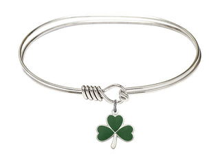 7 inch Oval Eye Hook Rhodium Bangle Bracelet with a Sterling Silver Shamrock charm.