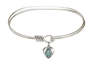 7 inch Oval Eye Hook Rhodium Bangle Bracelet with a Sterling Silver Miraculous Heart charm.