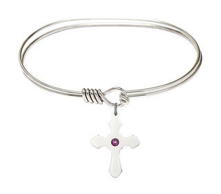 7 inch Oval Eye Hook Rhodium Bangle Bracelet with a Sterling Silver Cross charm.