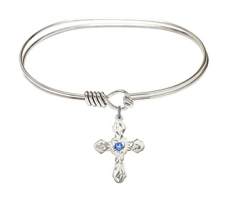 7 inch Oval Eye Hook Rhodium Bangle Bracelet with a Sterling Silver Cross charm. Engraved Catholic Saint Jewelry