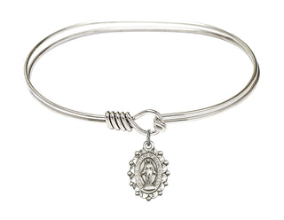 7 inch Oval Eye Hook Rhodium Bangle Bracelet with a Sterling Silver Miraculous charm.
