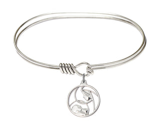 7 inch Oval Eye Hook Rhodium Bangle Bracelet with a Sterling Silver Madonna and Child charm.