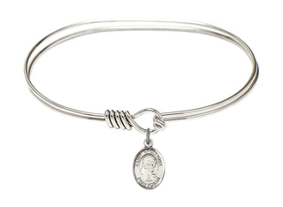 7 inch Oval Eye Hook Rhodium Bangle Bracelet with a Sterling Silver Saint Apollonia charm. Engraved Catholic Saint Jewelry