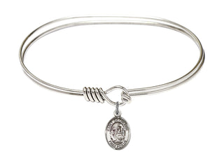 7 inch Oval Eye Hook Rhodium Bangle Bracelet with a Sterling Silver Saint Catherine of Siena charm. Engraved Catholic Saint Jewelry