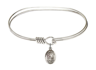 7 inch Oval Eye Hook Rhodium Bangle Bracelet with a Sterling Silver Saint Charles Borromeo charm. Engraved Catholic Saint Jewelry