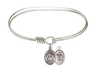 7 inch Oval Eye Hook Rhodium Bangle Bracelet with a Sterling Silver Saint Christopher / Army charm.