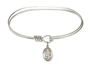 7 inch Oval Eye Hook Rhodium Bangle Bracelet with a Sterling Silver Saint Daniel charm. Engraved Catholic Saint Jewelry
