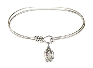 7 inch Oval Eye Hook Rhodium Bangle Bracelet with a Sterling Silver Saint Clare of Assisi charm. Engraved Catholic Saint Jewelry