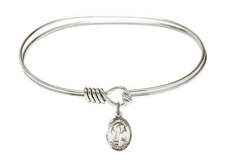 7 inch Oval Eye Hook Rhodium Bangle Bracelet with a Sterling Silver Saint Elmo charm. Engraved Catholic Saint Jewelry