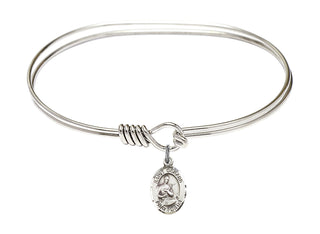 7 inch Oval Eye Hook Rhodium Bangle Bracelet with a Sterling Silver Saint Gerard Majella charm. Engraved Catholic Saint Jewelry