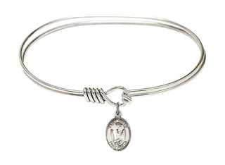 7 inch Oval Eye Hook Rhodium Bangle Bracelet with a Sterling Silver Saint Helen charm. Engraved Catholic Saint Jewelry