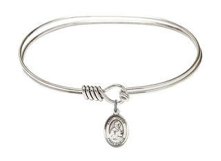 7 inch Oval Eye Hook Rhodium Bangle Bracelet with a Sterling Silver Saint Isidore of Seville charm. Engraved Catholic Saint Jewelry