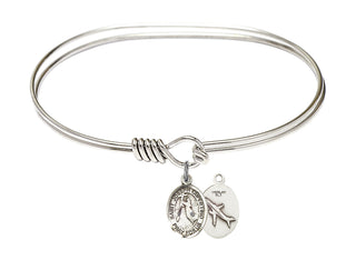 7 inch Oval Eye Hook Rhodium Bangle Bracelet with a Sterling Silver Saint Joseph of Cupertino charm.