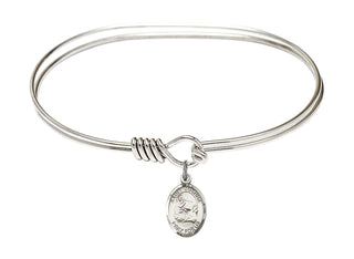 7 inch Oval Eye Hook Rhodium Bangle Bracelet with a Sterling Silver Saint Joshua charm. Engraved Catholic Saint Jewelry