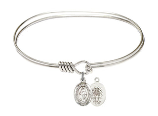7 inch Oval Eye Hook Rhodium Bangle Bracelet with a Sterling Silver Miraculous charm. Engraved Catholic Saint Jewelry