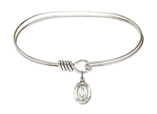 7 inch Oval Eye Hook Rhodium Bangle Bracelet with a Sterling Silver Saint Louis charm. Engraved Catholic Saint Jewelry