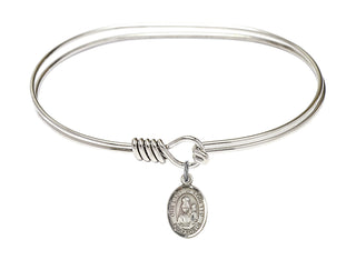 7 inch Oval Eye Hook Rhodium Bangle Bracelet with a Sterling Silver Our Lady of Loretto charm. Engraved Catholic Saint Jewelry