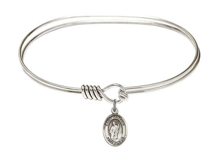 7 inch Oval Eye Hook Rhodium Bangle Bracelet with a Sterling Silver Saint Patrick charm. Engraved Catholic Saint Jewelry