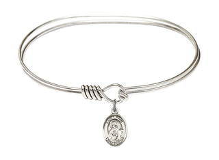 7 inch Oval Eye Hook Rhodium Bangle Bracelet with a Sterling Silver Saint Paul the Apostle charm. Engraved Catholic Saint Jewelry