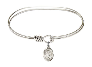 7 inch Oval Eye Hook Rhodium Bangle Bracelet with a Sterling Silver Saint Martin de Porres charm. Engraved Catholic Saint Jewelry