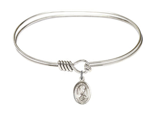 7 inch Oval Eye Hook Rhodium Bangle Bracelet with a Sterling Silver Saint Sarah charm. Engraved Catholic Saint Jewelry
