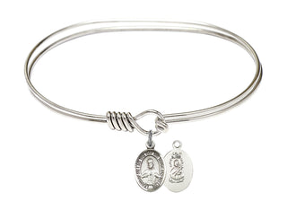 7 inch Oval Eye Hook Rhodium Bangle Bracelet with a Sterling Silver Scapular charm. Engraved Catholic Saint Jewelry
