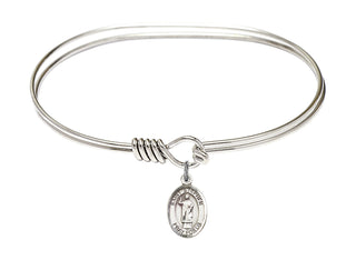 7 inch Oval Eye Hook Rhodium Bangle Bracelet with a Sterling Silver Saint Stephen the Martyr charm.