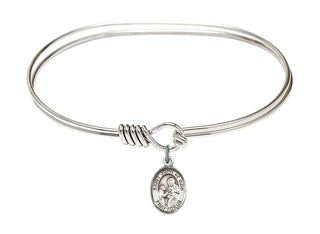 7 inch Oval Eye Hook Rhodium Bangle Bracelet with a Sterling Silver Saint John of God charm.