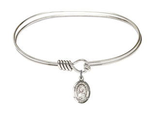 7 inch Oval Eye Hook Rhodium Bangle Bracelet with a Sterling Silver Our Lady of la Vang charm. Engraved Catholic Saint Jewelry