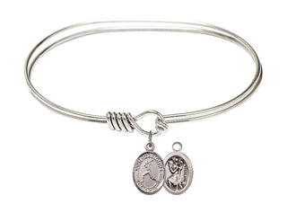 7 inch Oval Eye Hook Rhodium Bangle Bracelet with a Sterling Silver Saint Christopher/Softball charm.