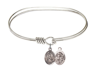 7 inch Oval Eye Hook Rhodium Bangle Bracelet with a Sterling Silver Saint Sebastian/Baseball charm.