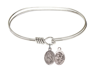 7 inch Oval Eye Hook Rhodium Bangle Bracelet with a Sterling Silver Saint Sebastian/Martial Arts charm.