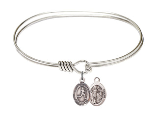 7 inch Oval Eye Hook Rhodium Bangle Bracelet with a Sterling Silver Saint Sebastian/Track & Field charm.