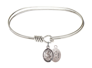 7 inch Oval Eye Hook Rhodium Bangle Bracelet with a Sterling Silver Saint Rita / Baseball charm.
