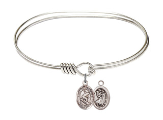 7 inch Oval Eye Hook Rhodium Bangle Bracelet with a Sterling Silver Saint Christopher/Surfing charm.