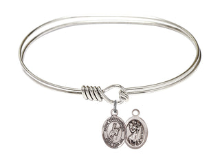 7 inch Oval Eye Hook Rhodium Bangle Bracelet with a Sterling Silver Saint Christopher / Rodeo charm.