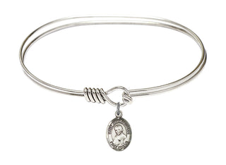 7 inch Oval Eye Hook Rhodium Bangle Bracelet with a Sterling Silver Saint John Neumann charm. Engraved Catholic Saint Jewelry