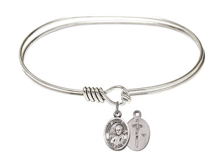 7 inch Oval Eye Hook Rhodium Bangle Bracelet with a Sterling Silver Saint John Paul II charm.