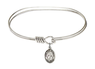 7 inch Oval Eye Hook Rhodium Bangle Bracelet with a Sterling Silver Saint Basil the Great charm. Engraved Catholic Saint Jewelry