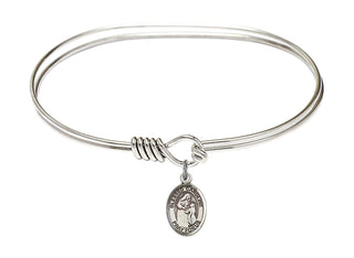 7 inch Oval Eye Hook Rhodium Bangle Bracelet with a Sterling Silver Blessed Caroline Gerhardinger charm. Engraved Catholic Saint Jewelry