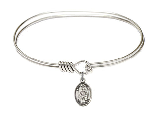 7 inch Oval Eye Hook Rhodium Bangle Bracelet with a Sterling Silver Saint Angela Merici charm. Engraved Catholic Saint Jewelry