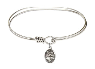 7 inch Oval Eye Hook Rhodium Bangle Bracelet with a Sterling Silver Our Lady of Good Counsel charm. Engraved Catholic Saint Jewelry