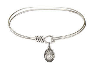 7 inch Oval Eye Hook Rhodium Bangle Bracelet with a Sterling Silver Saint Athanasius charm. Engraved Catholic Saint Jewelry