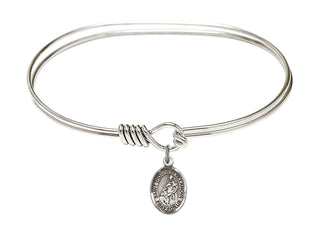 7 inch Oval Eye Hook Rhodium Bangle Bracelet with a Sterling Silver Saint Thomas of Villanova charm. Engraved Catholic Saint Jewelry